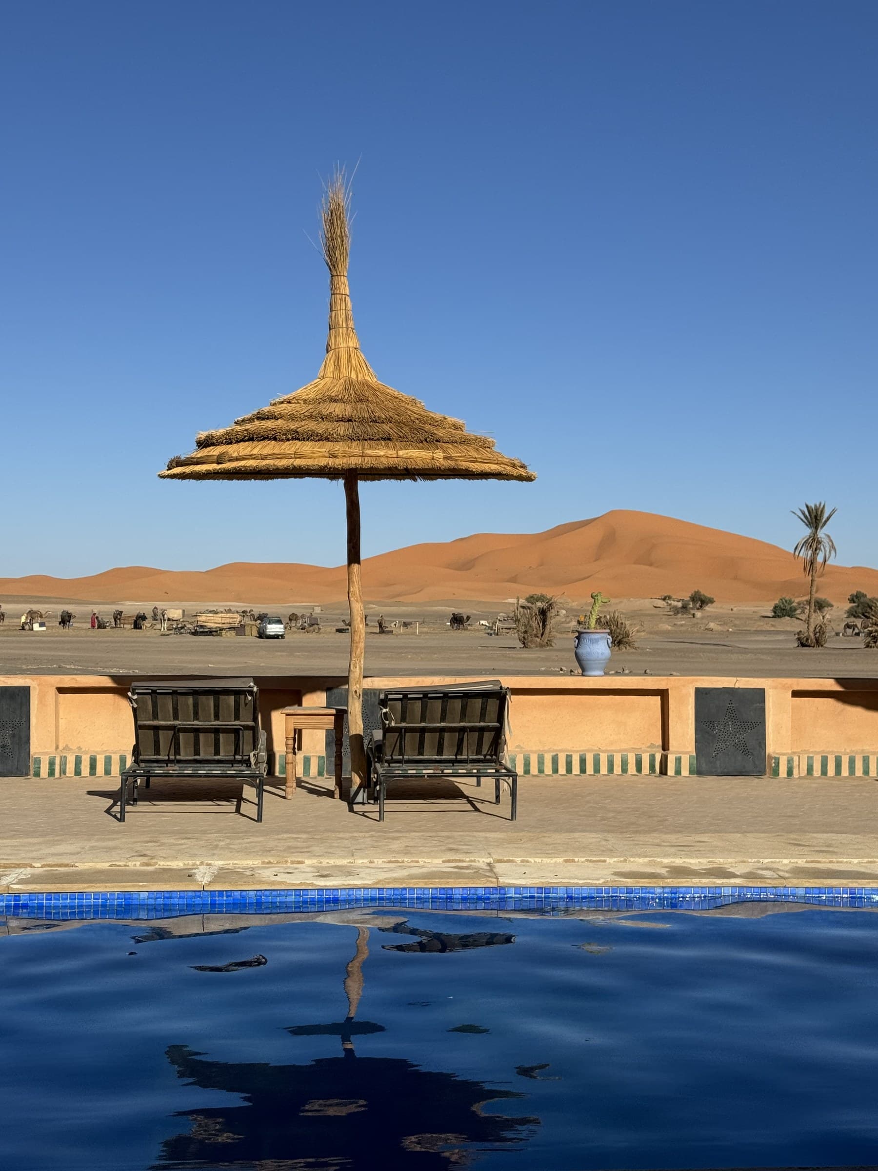 Piscina de hotel en Merzouga con vistas a las dunas del Erg Chebbi y dromedarios al fondo, Sahara marroquí