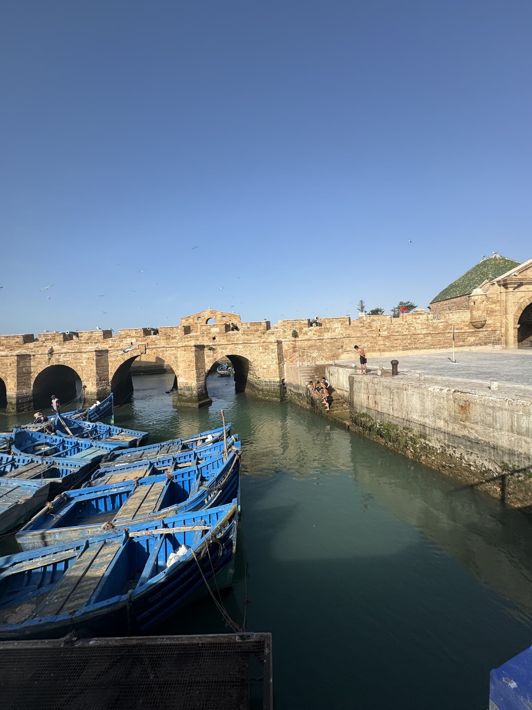 Puerto pesquero de Essaouira con barcas azules tradicionales y murallas históricas de piedra al fondo, Marruecos
