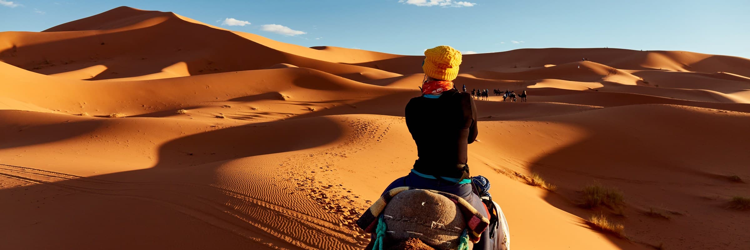 Viajero montando dromedario entre las dunas doradas del Erg Chebbi en el desierto del Sahara, Merzouga, Marruecos